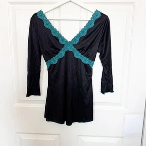 Vintage Y2K Black with Teal Lace Trim Baby Doll 3/4 Sleeves Back Tie Top Medium - Picture 1 of 8