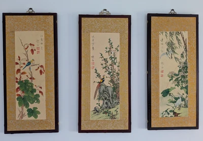 Qi Baishi Firmado 3 Chino Pintado a Mano Pergamino Pájaros y Flora Tela de Seda Madera Foto 1 de 4