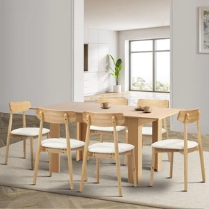 Oikiture 160cm Extendable Dining Table with 6x Dining Chairs PU Leather Natural - Picture 1 of 10