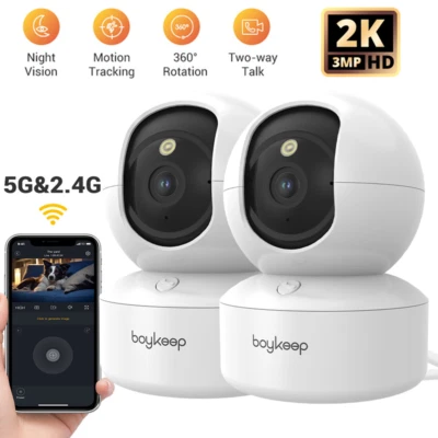 BOYKEEP 2PC Security Camera System Baby Pet Monitor Smart WiFi Night Vision Wired Cam 2K