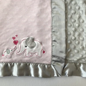 Starting Out Elephants Mom Baby Hearts Pink White Stripes Gray Dots Satin Trim - Picture 1 of 5