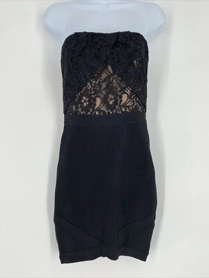 Bebe Strapless Lace Bandage Dress Sz M Rocker Goth Mini MIDI Formal Cocktail - Image 1 of 4