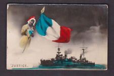 France WW1? Patriotic JUSTICE flag battleship - corner wear unused postcard