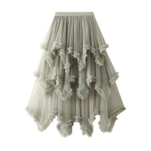 Lady Asymmetric Layered Mesh Tulle Skirt Elastic Waist Ruffle Tutu Dance Fashion - Imagen 1 de 16