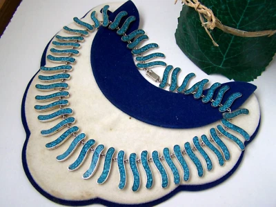 HERMOSO COLLAR DE CUELLO DE PLATA ESTERLINA SÓLIDA CLEOPATRA TURQUESA 16" DE COLECCIÓN Foto 1 de 4