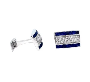 Beautiful Blue  2.79 Carat Sapphires With Pave Set Cubic Zirconia Men's Cufflink - Picture 1 of 4