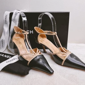 Chanel Leather Pumps T Strap Black Tan Trim Strappy CC Logo Mid Heel Size 36.5 - Picture 1 of 16