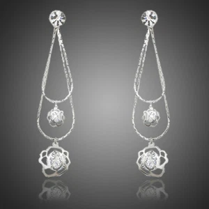 Platinum Plated Double Flower Made With Swarovski Crystal Drop Earrings (E852-46 - Picture 1 of 4