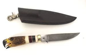 Straight Back Damascus Blade Custom Knife Hand Carved Antler Eagle Head Handle - Picture 1 of 7