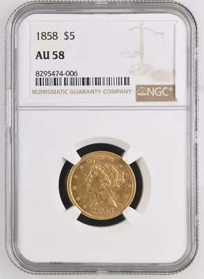 1858 $5 Liberty Head Gold Coin NGC AU 58 – Rare Collectible - Image 1 of 2