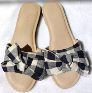The Loft Size 9 Gingham Plaid Navy Off-white Canvas Bow Sandals Flats Spring - Picture 1 of 7