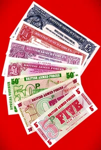 British Armed Forces BAF UNC Notes 5, 10, 50 Pence + 1 Pd Series 2, 3, 4 + 5 Pd - Picture 1 of 2