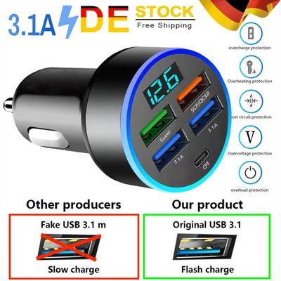 Zigarettenanzünder 5 USB KFZ Auto Ladegerät mit LED Voltmeter für Handys NEU - Bild 1 von 4