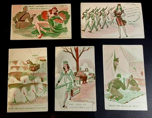 5 RISQUE ARMY RELATED MILITARY COMIC POSTCARDS FROM THE 1940'S - Picture 1 of 7