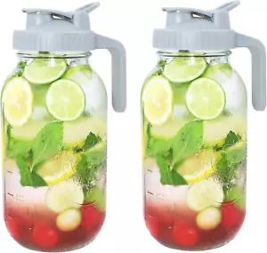 Glass Mason Jar Pitcher Half Gallon with Spout Lid 2 Set 64 Oz Airtight Water Ju - Picture 1 of 6
