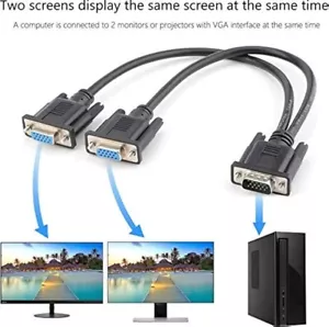 VGA Splitter Cable 1 Computer to Dual 2 Monitor Male to Female Adapter Wire - Picture 1 of 4