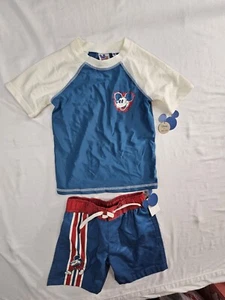 Disney Kid Swim Shirt & Trunks XS Shorts Mickey Mouse Stripe Junk Food S NEW - Picture 1 of 23