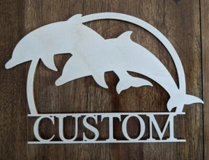 11" Dolphins Sunset Custom Name Wood Cutout Monogram Beach Ocean Decor Home Fish - Picture 1 of 2