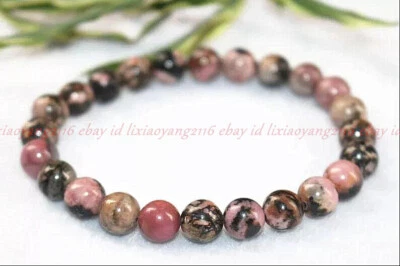 Natural Rhodonite Beads 8/10/12mm Handmade Pink Black Gems Stretch Bracelet - Image 1 of 4