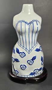 11 Inch Bud Vase Womans   Body White with Blue Flowers Delft Style Ceramic 