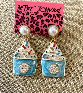 Betsey Johnson Ice Cream Dangle Earrings 2” Blue Enamel, Pearl, Rhinestones - Picture 1 of 7