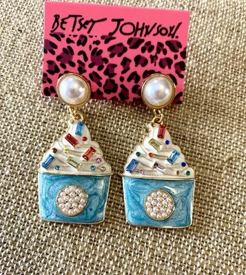 Betsey Johnson Ice Cream Dangle Earrings 2” Blue Enamel, Pearl, Rhinestones - Image 1 of 4