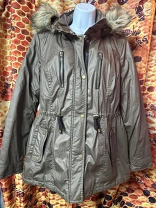 American Rag Womens L long sleeve full zip jacket coat faux fur hood rare brown - Picture 1 of 6