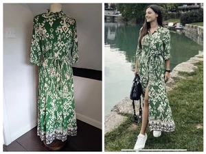 Zara Bloggers Batik Aztec Print Green Maxi Shirt Dress Tie Waist, Large 5216/247 - Picture 1 of 21