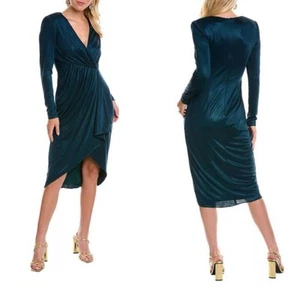 Badgley Mischka Slinky Satin Draped Midi Wrap Cocktail Dress Emerald Green 8 - Picture 1 of 12