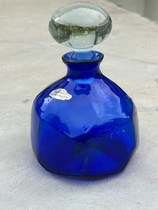 MCM Blenko Cubic Faceted Cobalt Blue Bottle W/Clear Stopper - Foil Sticker 7”-EX - Picture 1 of 14