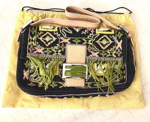 FENDI Baguette Denim Embroidered Beaded Pink Snake / Green Vintage - Picture 1 of 13