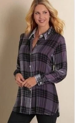 Camisa Soft Surroundings Terciopelo Lavanda Cuadros Abotonada Mezcla Seda PL Foto 1 de 4