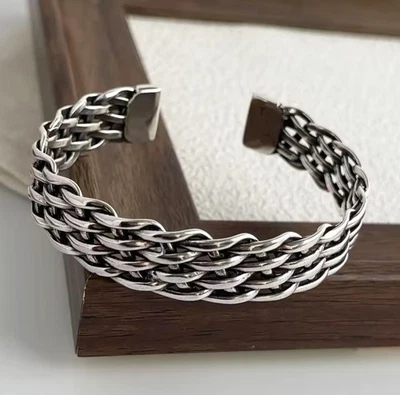 Massiv gewebtes Manschettenarmband aus recyceltem 925 Sterling Silber Unisex  - Bild 1 von 4