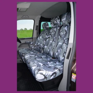 VW Transporter T5 2003-2009 Waterproof Tailored Front 3 Seat Covers Grey Camo - Picture 1 of 3