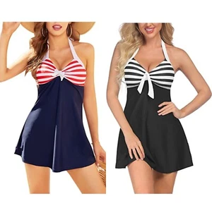 Retro Vintage Skipper 1PC Sailor Swimsuit Pin Up Nautical Halter Swim Dress - Picture 1 of 13