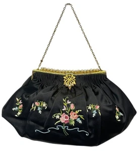 Antique 1930s Satin Tambour Needlepoint Evening Bag Purse France Faux Pearls - Picture 1 of 7