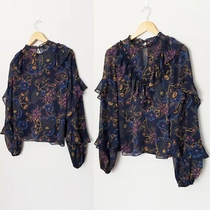 Top blusa trasparente Ted Baker London blu navy Jovena floreale cascata con volant $ 195 - Foto 1 di 15