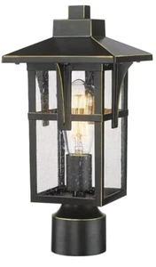 HWH Outdoor Pole Lantern w Seeded Glass Shade, Matte Black & Gold Edge - Picture 1 of 6