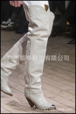 Botas hasta la rodilla de cuero para mujer Occidente con punta puntiaguda de metal zapatos de vaquero de pasarela Foto 1 de 3