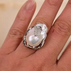 Cultured White Baroque Pearl Clear Cz Ringer Ring Adjustable - Foto 1 di 8