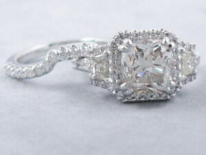 Cushion Cut 3.00Ct Simulated Diamond Engagement Ring Set 14K White Gold Size 9