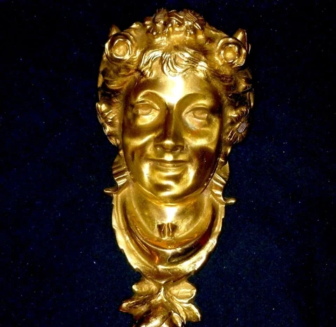 LARGE FRENCH ANTIQUE GILDED BRONZE/BRASS PEDIMENT MOUNT FLORA FACE 29 x 13cm Cover