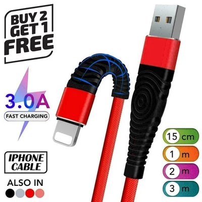Long Braided USB Quick Charger Data Charging Cable For iPhone 14 13 12 Pro X 8 7 - Image 1 of 4