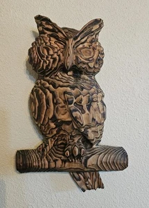 Wood Owl Wall Hanging Chunky Folk Art Signed D. Seaberg Wood Grain. VTG '70s MCM - Picture 1 of 11