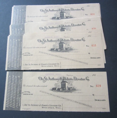 Lot of 25 Old 1930's St. Anthony & Dakota Elevator BANK CHECKS - Chinook MT Sta Cover
