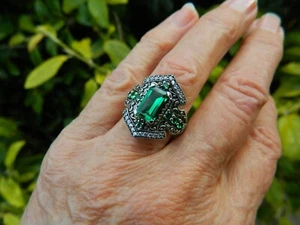 Victorian Faceted Green and Clear CZ Silver 925 Ring 7 - Picture 1 of 7