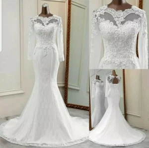 UK Mermaid Bridal Long Sleeve White Ivory Lace Beach Wedding Dresses Size 6-18 - Picture 1 of 5