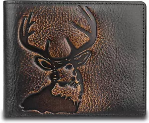 DK86 Deer Bifold Wallet for Men RFID Blocking Full Grain Leather with Hand - Picture 1 of 12