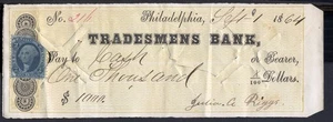 1864 Cheque for $1000 drawn on the TRADEMENS BANK, Philadelphia, USA. Free p&p - Picture 1 of 1