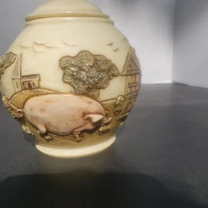 Jardinia Lidded Jar Weaver's Cottage Resin Farm Scene with Bull and Hog 2003  - Picture 1 of 20